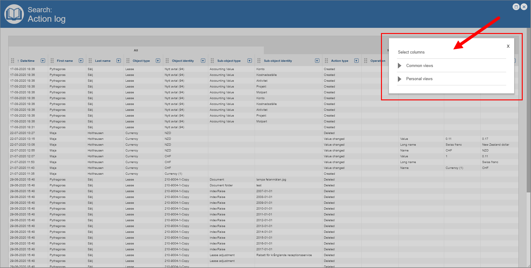 3.2.4.3.1. Select the action log view